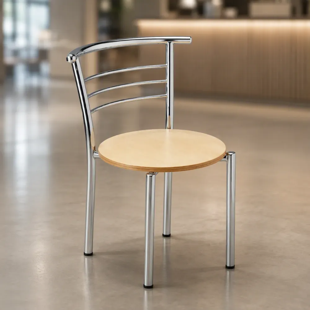 Round Wood Seat SS Rail Back Cafe Chair